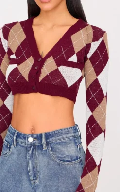 PrettyLittleThing Cardigans*Argyle Jacquard Knitted V Neck Cropped Cardigan