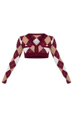 PrettyLittleThing Cardigans*Argyle Jacquard Knitted V Neck Cropped Cardigan