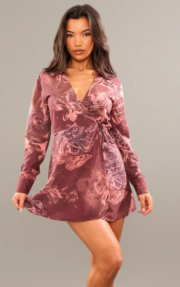 Blurred Floral Print Wrap Tie Bodycon Dress-PrettyLittleThing Best