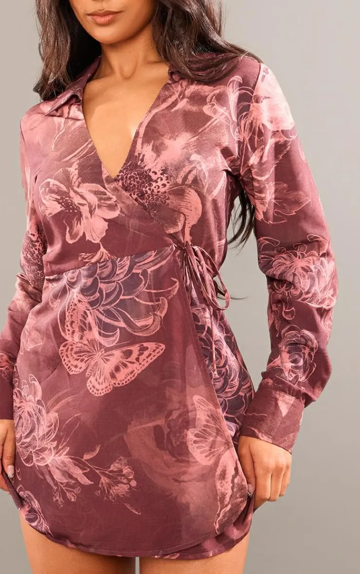 Blurred Floral Print Wrap Tie Bodycon Dress-PrettyLittleThing Best