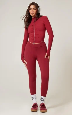 PrettyLittleThing Gym Leggings*Burgundy Brushed Sculpt Ruched Bum High Waist Sport Leggings
