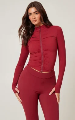 PrettyLittleThing Athletic Jackets*Burgundy Brushed Sculpt Ruched Front Zip Up Sport Jacket