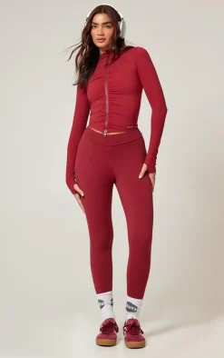 PrettyLittleThing Athletic Jackets*Burgundy Brushed Sculpt Ruched Front Zip Up Sport Jacket