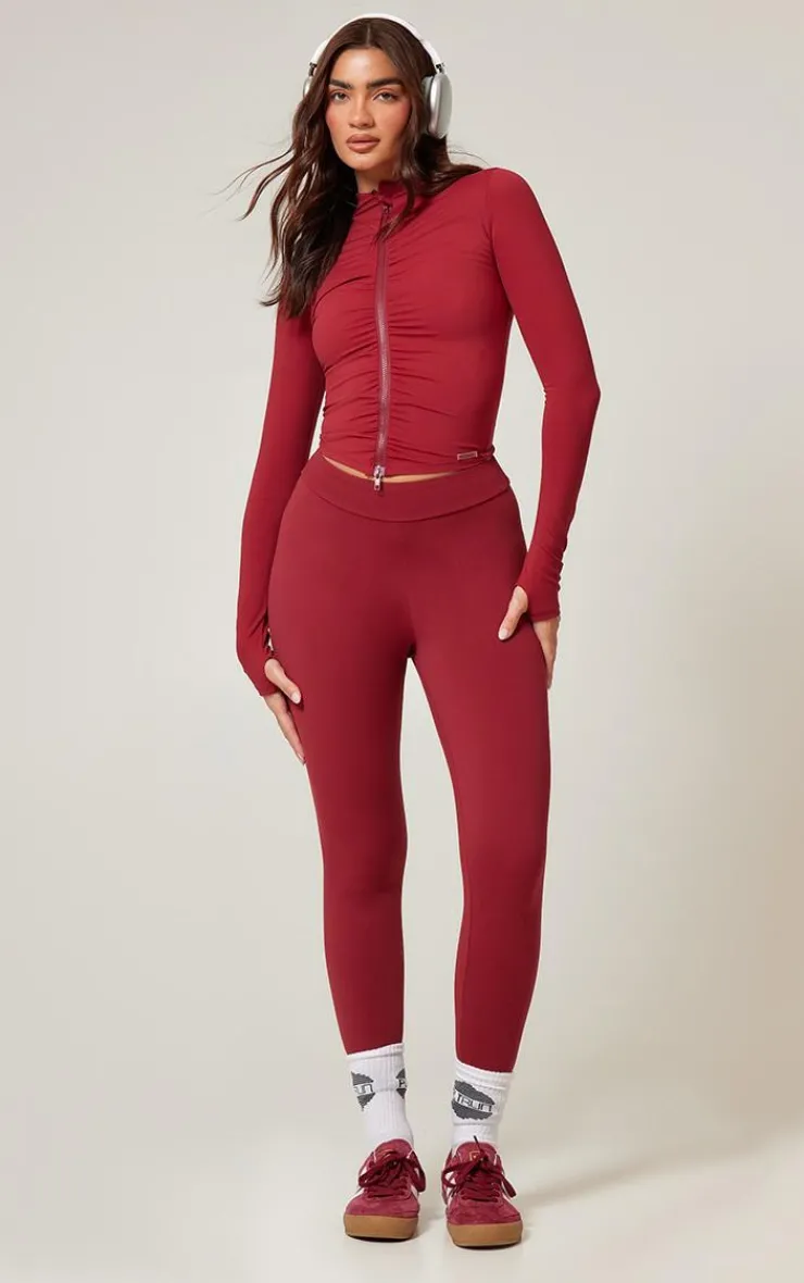 PrettyLittleThing Athletic Jackets*Burgundy Brushed Sculpt Ruched Front Zip Up Sport Jacket