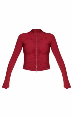 PrettyLittleThing Athletic Jackets*Burgundy Brushed Sculpt Ruched Front Zip Up Sport Jacket
