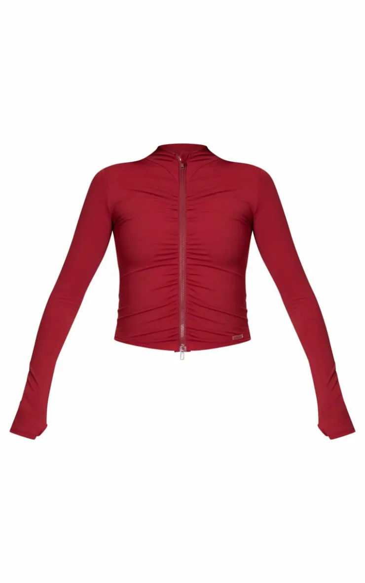 PrettyLittleThing Athletic Jackets*Burgundy Brushed Sculpt Ruched Front Zip Up Sport Jacket