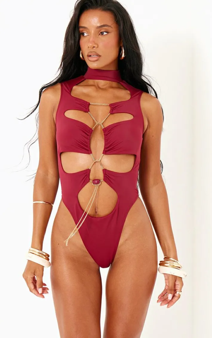 Burgundy Chain Detail Cut Out High Leg Swimsuit