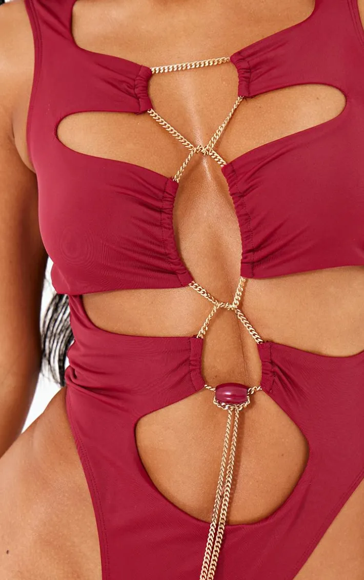 Burgundy Chain Detail Cut Out High Leg Swimsuit