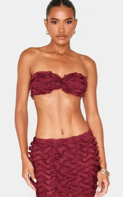 PrettyLittleThing Chiffon Ruffle Bandeau Top Burgundy