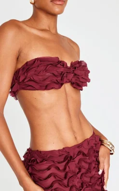 PrettyLittleThing Chiffon Ruffle Bandeau Top Burgundy