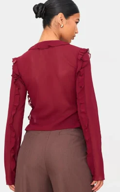 PrettyLittleThing Blouses*Chiffon Ruffle Fitted Tie Front Blouse