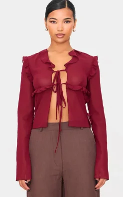 PrettyLittleThing Blouses*Chiffon Ruffle Fitted Tie Front Blouse