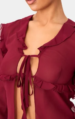 PrettyLittleThing Blouses*Chiffon Ruffle Fitted Tie Front Blouse