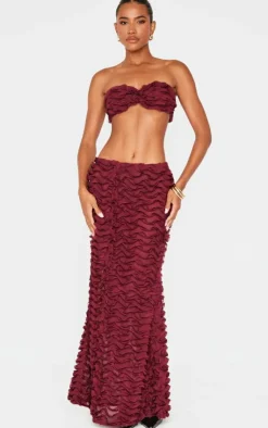 New PrettyLittleThing Chiffon Ruffle Low Rise Maxi Skirt Burgundy
