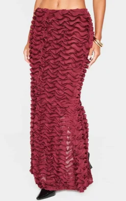 New PrettyLittleThing Chiffon Ruffle Low Rise Maxi Skirt Burgundy