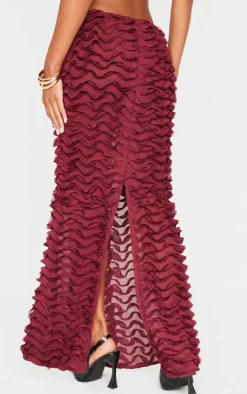 New PrettyLittleThing Chiffon Ruffle Low Rise Maxi Skirt Burgundy