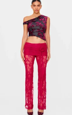 Burgundy Corsage Detail Straight Leg Lace Pants