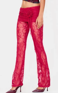 Burgundy Corsage Detail Straight Leg Lace Pants