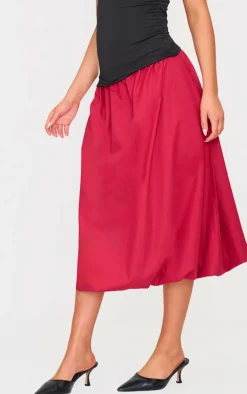 Burgundy Cotton Poplin Midi Puffball Skirt