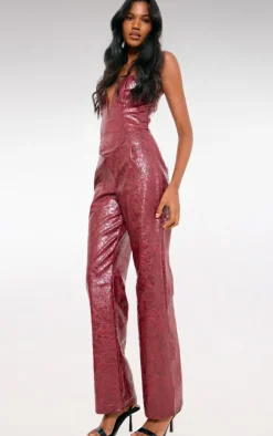 Croc Faux Leather Bandeau Plunge Straight Leg Jumpsuit-PrettyLittleThing New