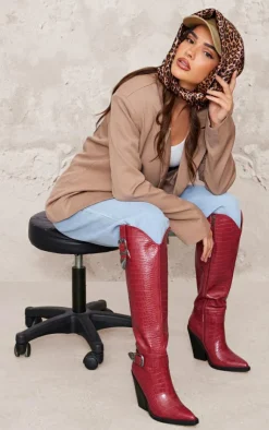 PrettyLittleThing Knee High Boots*Croc PU Point Toe High Block Heel Knee High Western Boots