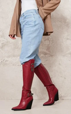PrettyLittleThing Knee High Boots*Croc PU Point Toe High Block Heel Knee High Western Boots