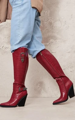 PrettyLittleThing Knee High Boots*Croc PU Point Toe High Block Heel Knee High Western Boots