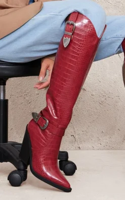 PrettyLittleThing Knee High Boots*Croc PU Point Toe High Block Heel Knee High Western Boots