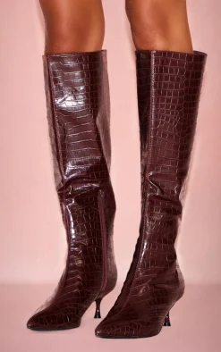 PrettyLittleThing Knee High Boots*Croc PU Point Toe Low Heel Knee High Boots