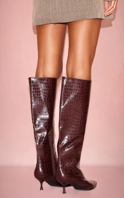 PrettyLittleThing Knee High Boots*Croc PU Point Toe Low Heel Knee High Boots