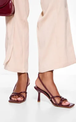 PrettyLittleThing Mid Heels*Burgundy Croc PU Square Toe Tube Strappy Mid Stiletto Heeled Sandals