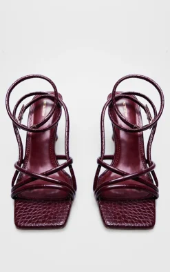 PrettyLittleThing Mid Heels*Burgundy Croc PU Square Toe Tube Strappy Mid Stiletto Heeled Sandals