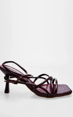 PrettyLittleThing Mid Heels*Burgundy Croc PU Square Toe Tube Strappy Mid Stiletto Heeled Sandals