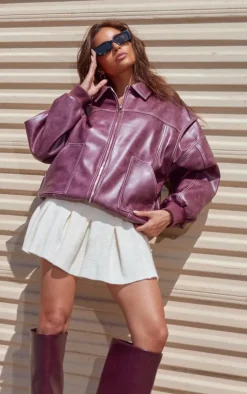 PrettyLittleThing Bomber Jackets*Distressed Faux Leather Oversized Longline Bomber Jacket