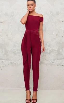 Burgundy Double Layer Slinky Knot Detail Wrap Front Jumpsuit