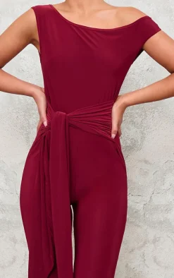 Burgundy Double Layer Slinky Knot Detail Wrap Front Jumpsuit