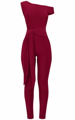 Burgundy Double Layer Slinky Knot Detail Wrap Front Jumpsuit