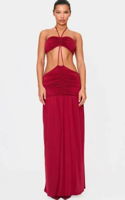 Double Layer Slinky Tie Neck Cut Out Maxi Dress-PrettyLittleThing New