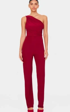 Double Layer Slinky Asymmetric Ruched Detail Jumpsuit-PrettyLittleThing Outlet