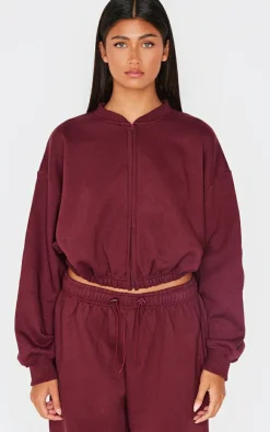 Best PrettyLittleThing Drawcord Waist Cropped Zip Up Sweatshirt Burgundy