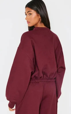 Best PrettyLittleThing Drawcord Waist Cropped Zip Up Sweatshirt Burgundy