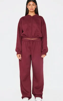 Best PrettyLittleThing Drawcord Waist Cropped Zip Up Sweatshirt Burgundy