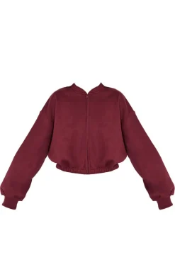 Best PrettyLittleThing Drawcord Waist Cropped Zip Up Sweatshirt Burgundy