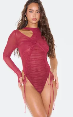 Sale PrettyLittleThing Burgundy Extreme Ruched Seam Detail One Sleeve Bodysuit Dark Red