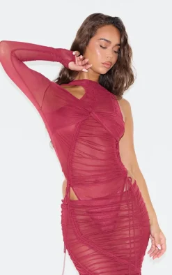 Sale PrettyLittleThing Burgundy Extreme Ruched Seam Detail One Sleeve Bodysuit Dark Red