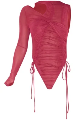 Sale PrettyLittleThing Burgundy Extreme Ruched Seam Detail One Sleeve Bodysuit Dark Red