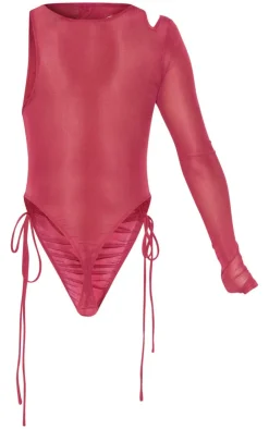 Sale PrettyLittleThing Burgundy Extreme Ruched Seam Detail One Sleeve Bodysuit Dark Red