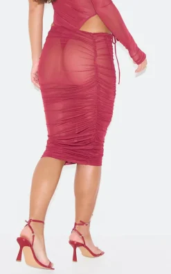 Sale PrettyLittleThing Burgundy Extreme Ruched Seam Detail Midaxi Skirt Dark Red