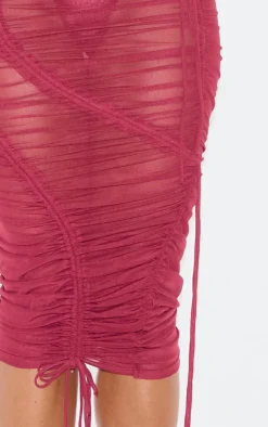 Sale PrettyLittleThing Burgundy Extreme Ruched Seam Detail Midaxi Skirt Dark Red