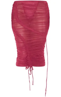 Sale PrettyLittleThing Burgundy Extreme Ruched Seam Detail Midaxi Skirt Dark Red